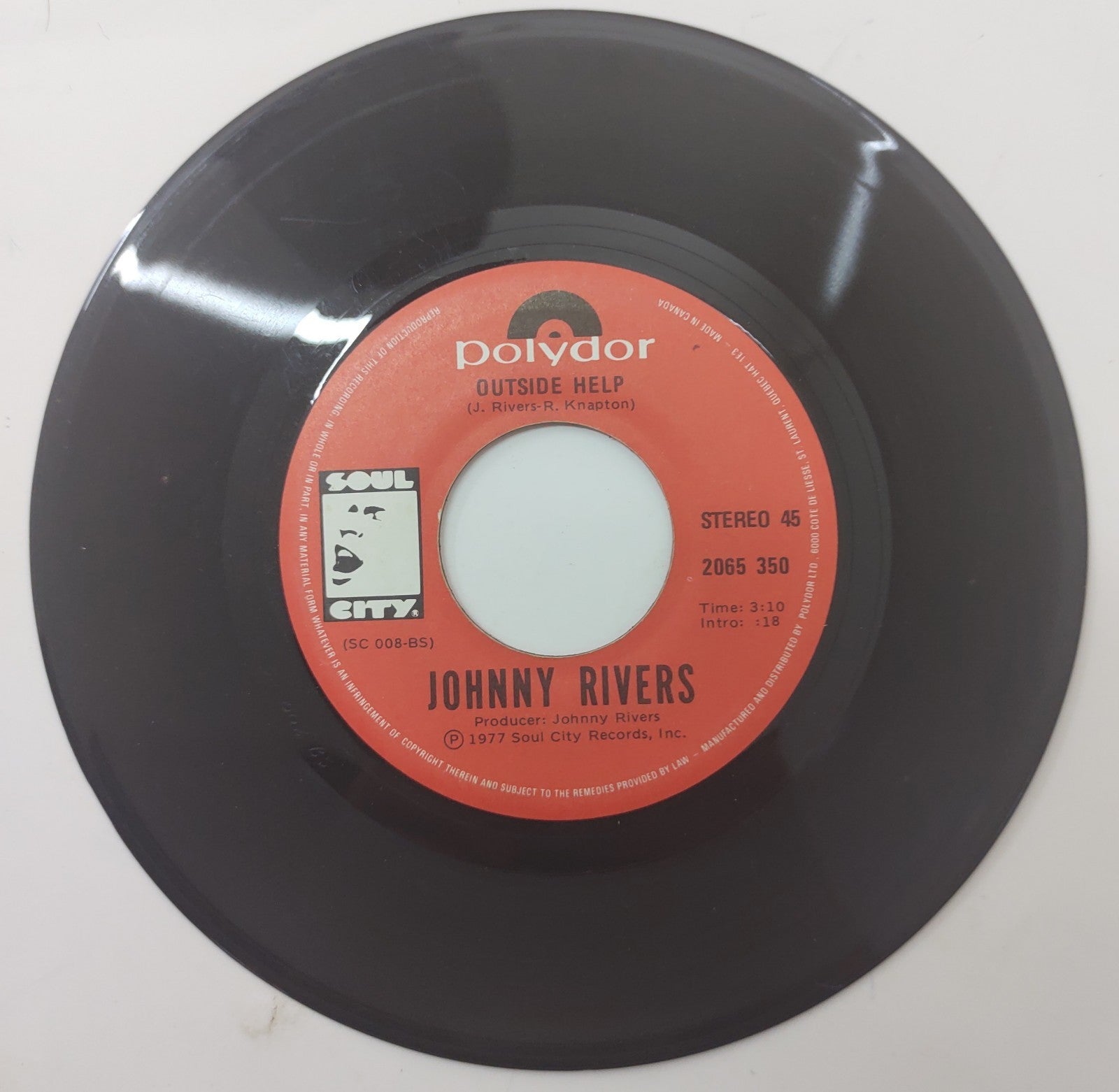 Johnny Rivers Outside Help 7" 45 RPM Vinyl Single 1977 Polydor 2065 350