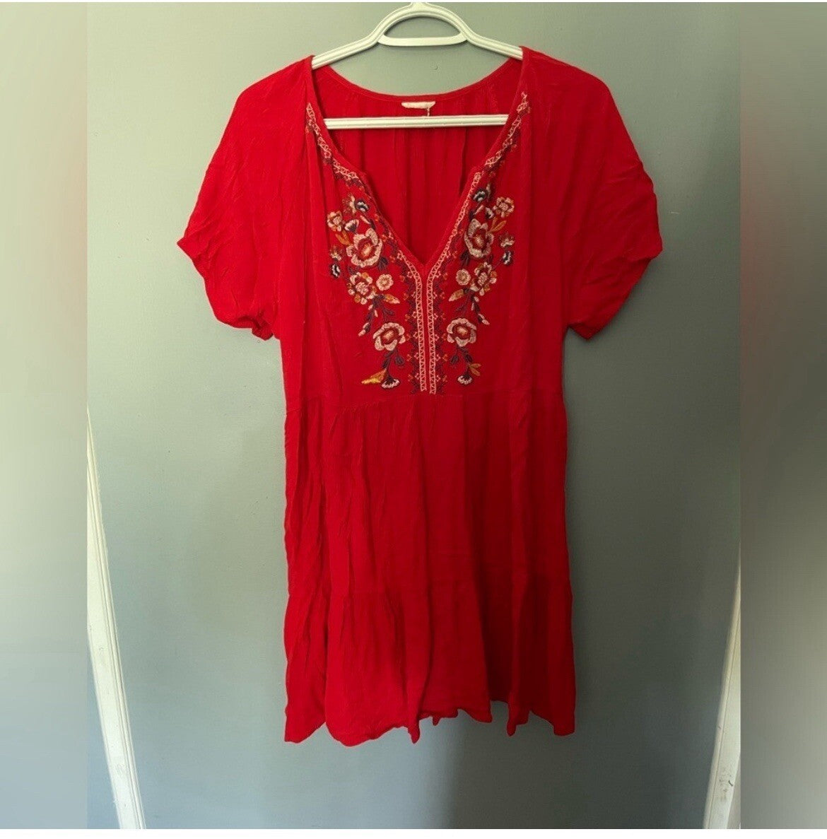Red Floral Embroidered Tunic Blouse Boho India Style Summer Festival L