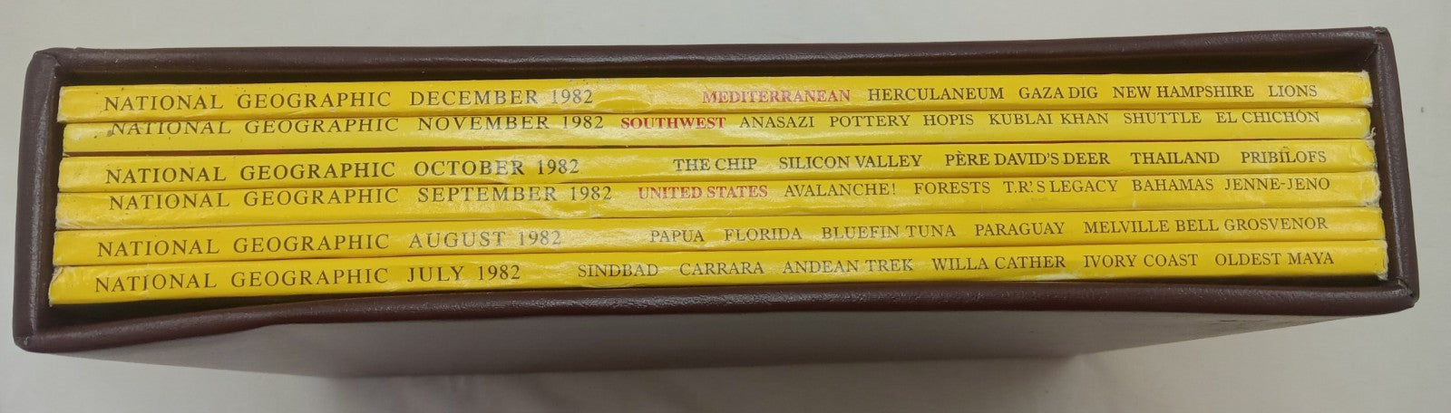 Nat Geo Jul–Dec 1982 | Vintage VG+ Set | 6 Mags in Faux Leather Slipcover