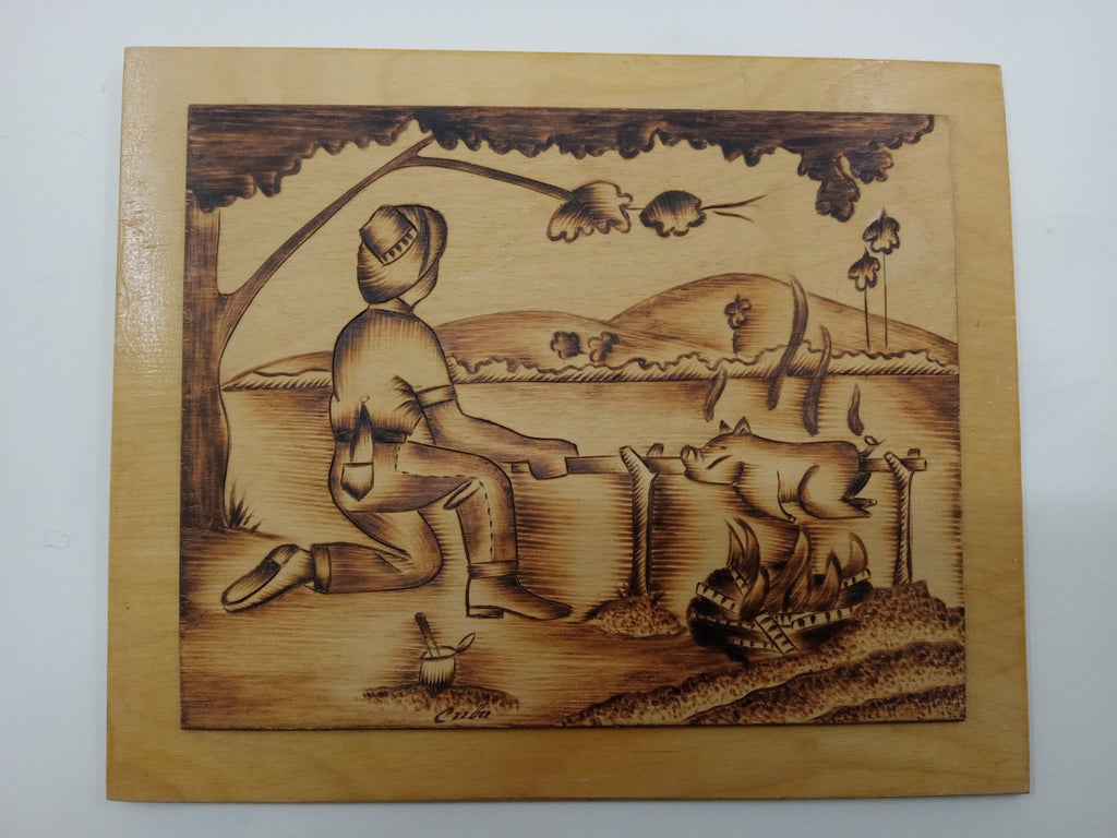 Folk Art Handmade Pig Roast Scene Wood Burned Plaque Kitchen Cabin Decor