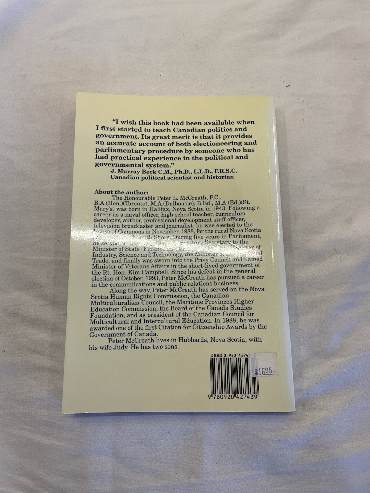 The People’s Choice Peter McCreath Memoir MP Politics Canada Hardcover 1995