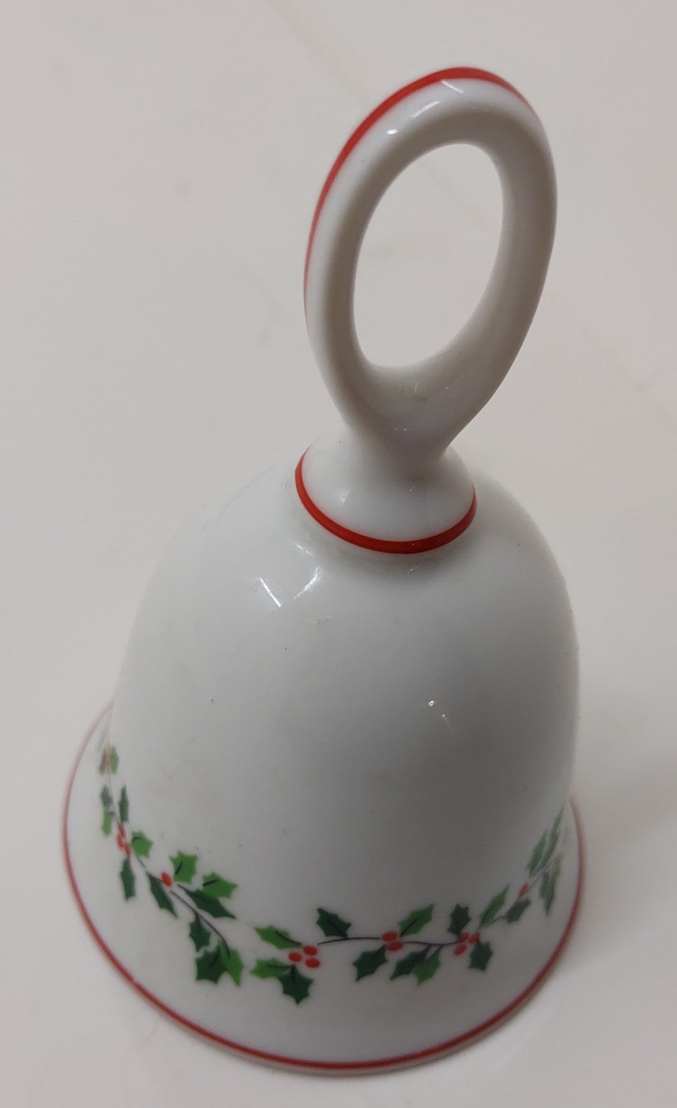 Vintage Porcelain Christmas Bell | Holly & Berry Pattern | Red Trim Holiday
