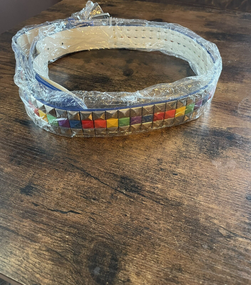 White Faux Leather Belt Rainbow Silver Studs Festival Rave Pride Adjustable Fit