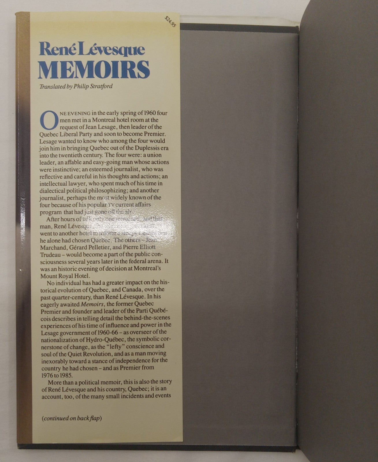 Memoirs of René Lévesque – VG+ Quebec Political Memoir Hardcover Book