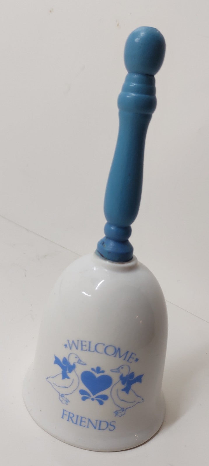 Vintage "Welcome Friends" Ceramic Hand Bell | Blue Wooden Handle Duck DecoR