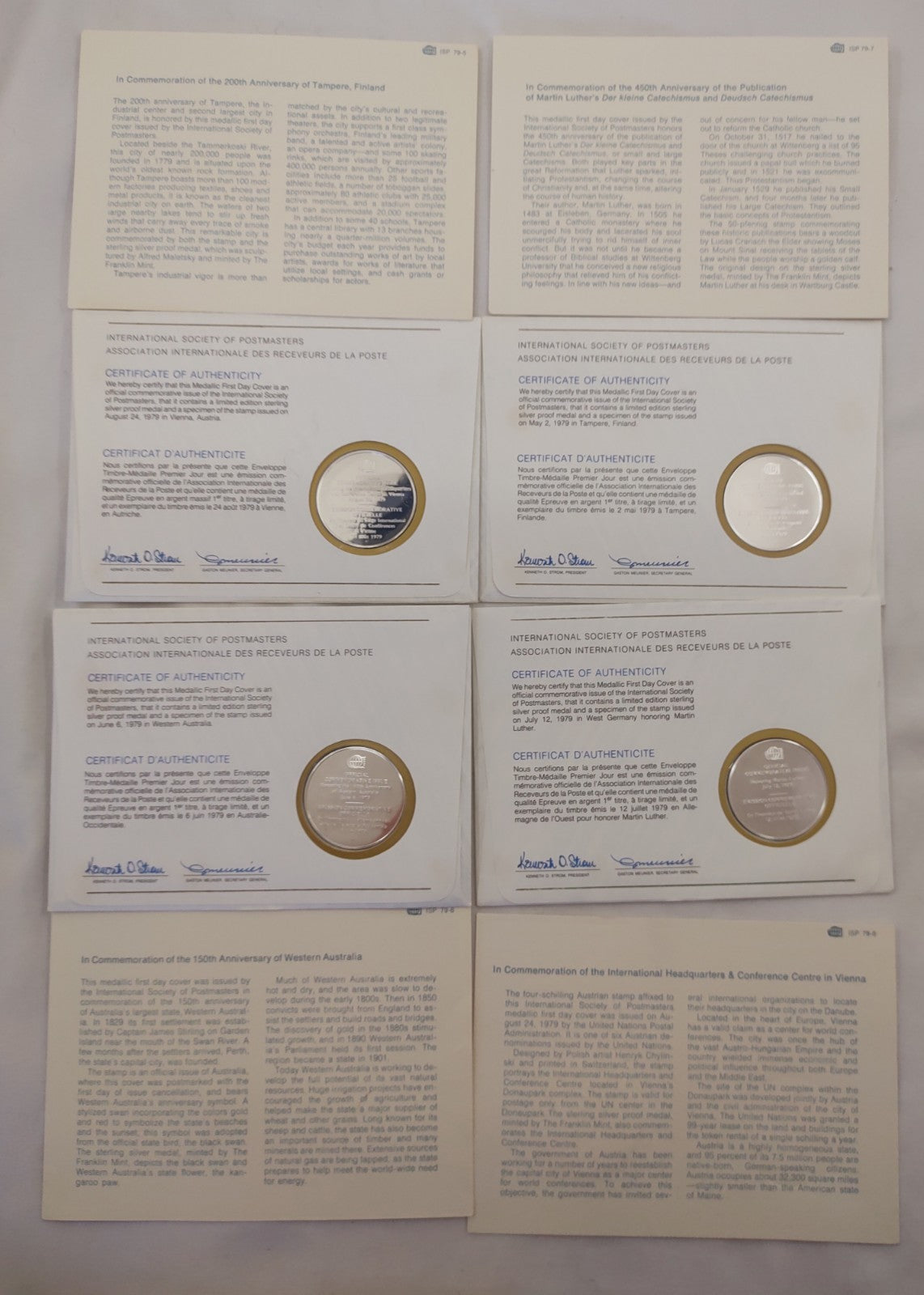 1979 Postmasters Sterling Silver Medallion First Day Covers Set of 4
