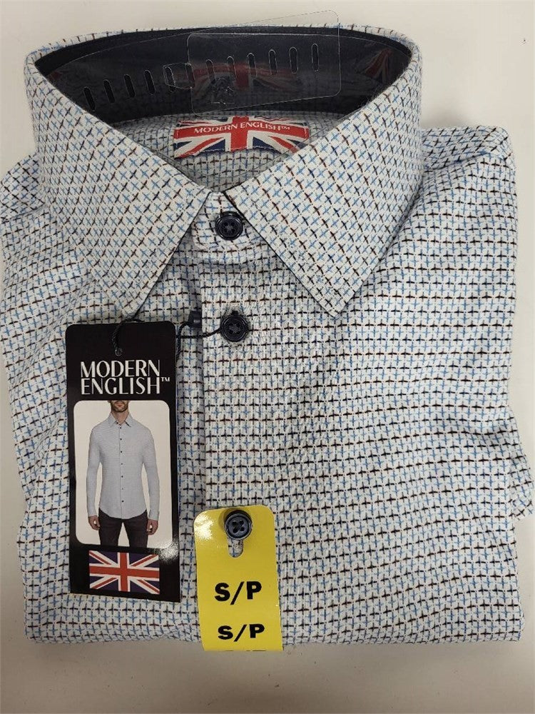 Modern English Shirt NWT Men’s Small Blue Brown Pattern Button Up