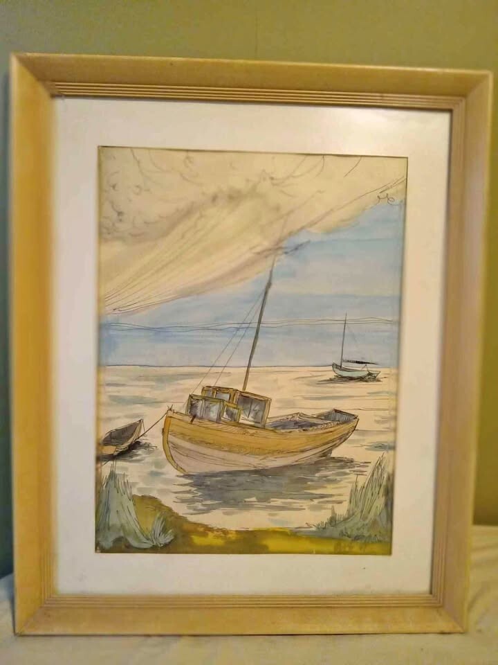Framed Hand-Drawn Painting of a Fishing Boat on Water, 22" x 17.5" – Scenic Art