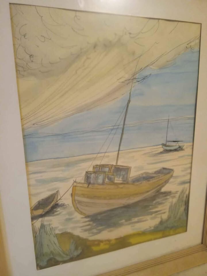 Framed Hand-Drawn Painting of a Fishing Boat on Water, 22" x 17.5" – Scenic Art