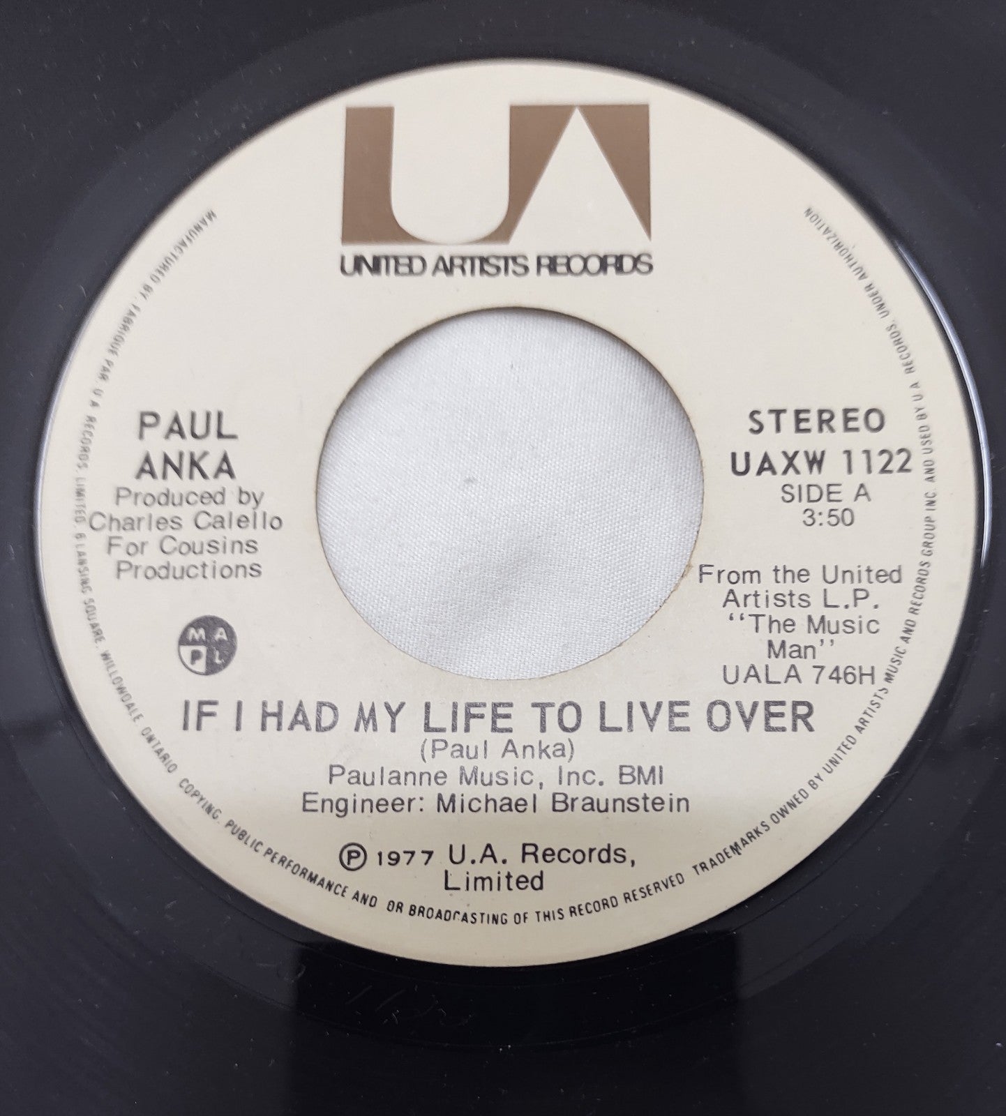 Paul Anka – If I Had My Life To Live Over 7” UA UAXW 1122 Canada 1977