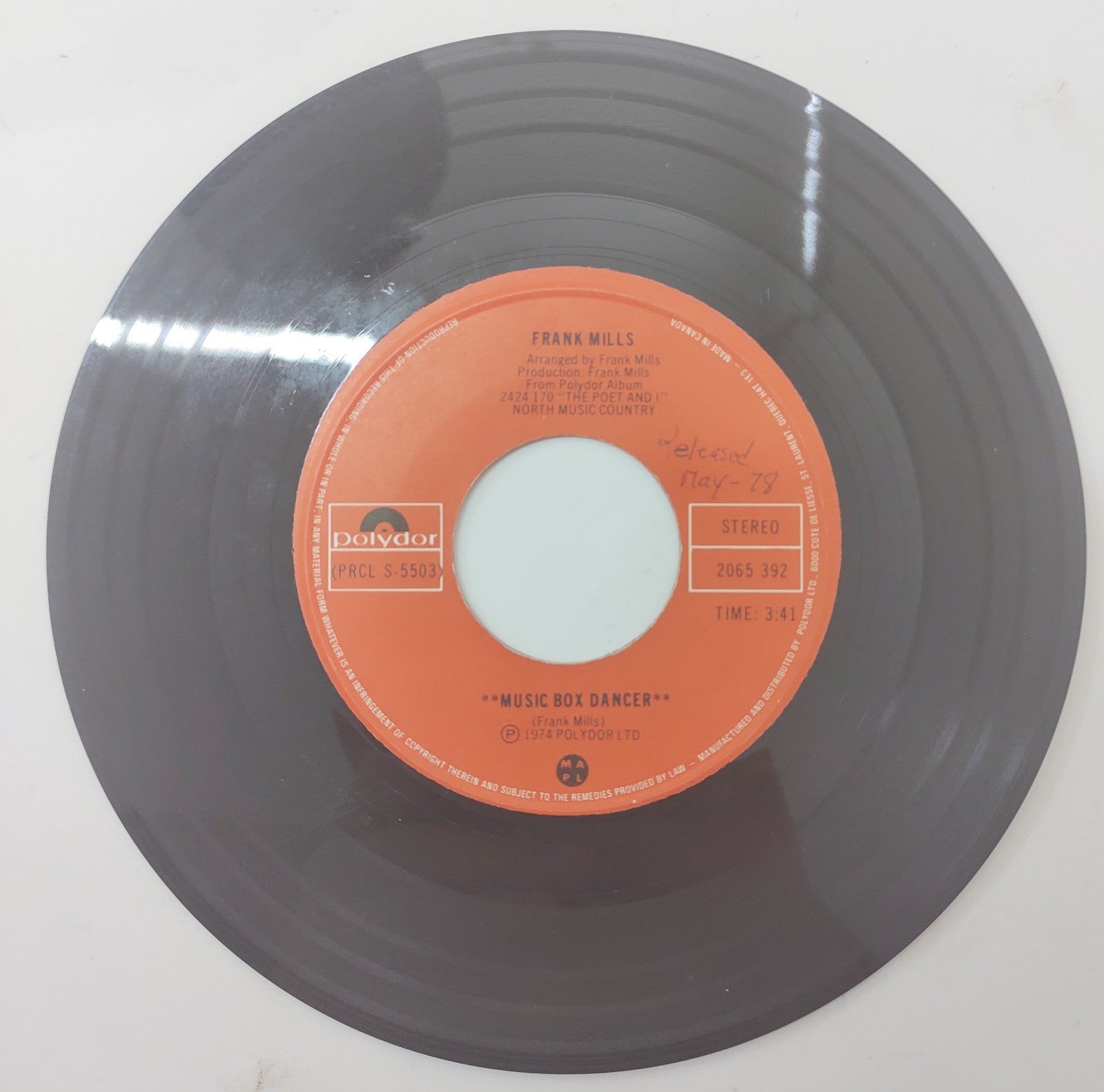 Frank Mills The Poet and I 7" 45 RPM Vinyl Record 1974 Polydor PRCL S-5502