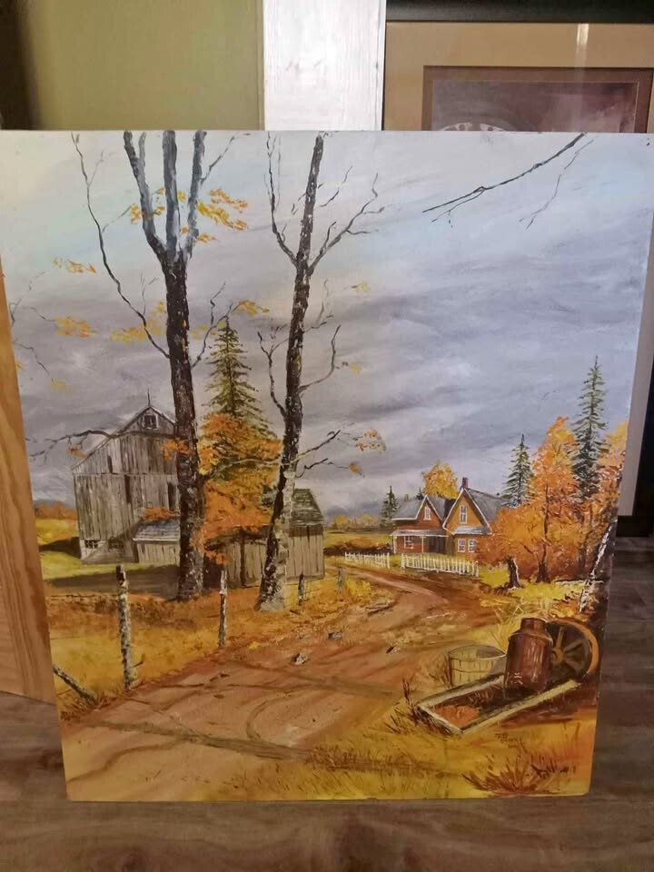 Fall Folk Art Oil Painting Signed by Artist – 30.5" x 36"