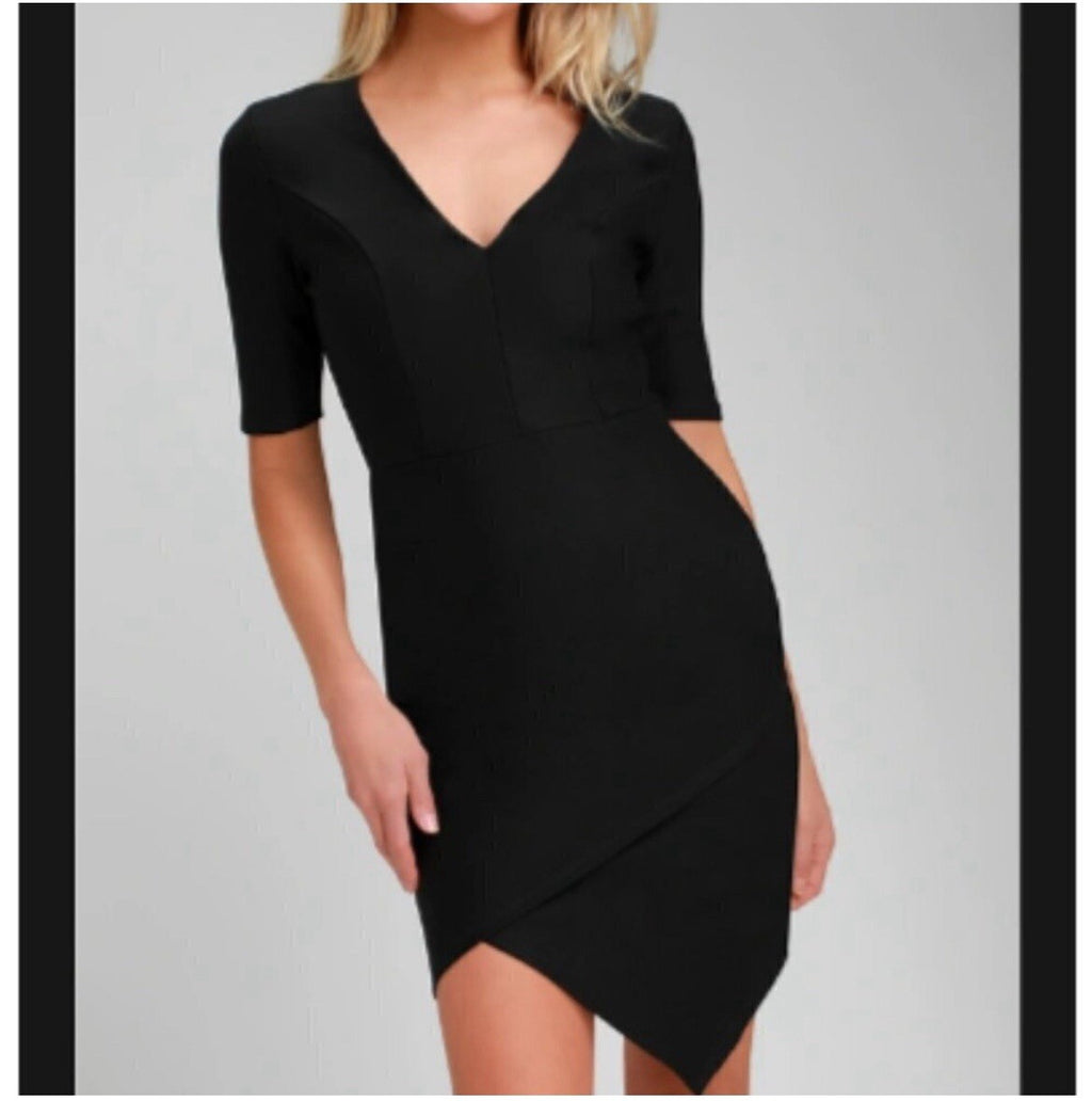 Lulus Black Asymmetrical Short Sleeve Bodycon Mini Dress Size Small – VG