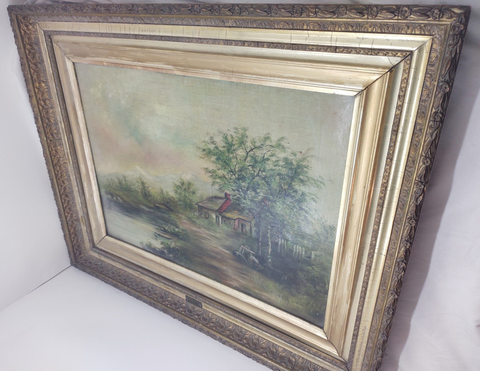 Antique A.S. Austen Original Oil Painting Cottage Lake Landscape Framed