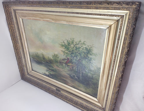 Antique A.S. Austen Original Oil Painting Cottage Lake Landscape Framed