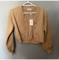 Tan Eyelash Knit Cropped Cardigan Women’s Retro Fluffy Sweater Size Medium Y2K